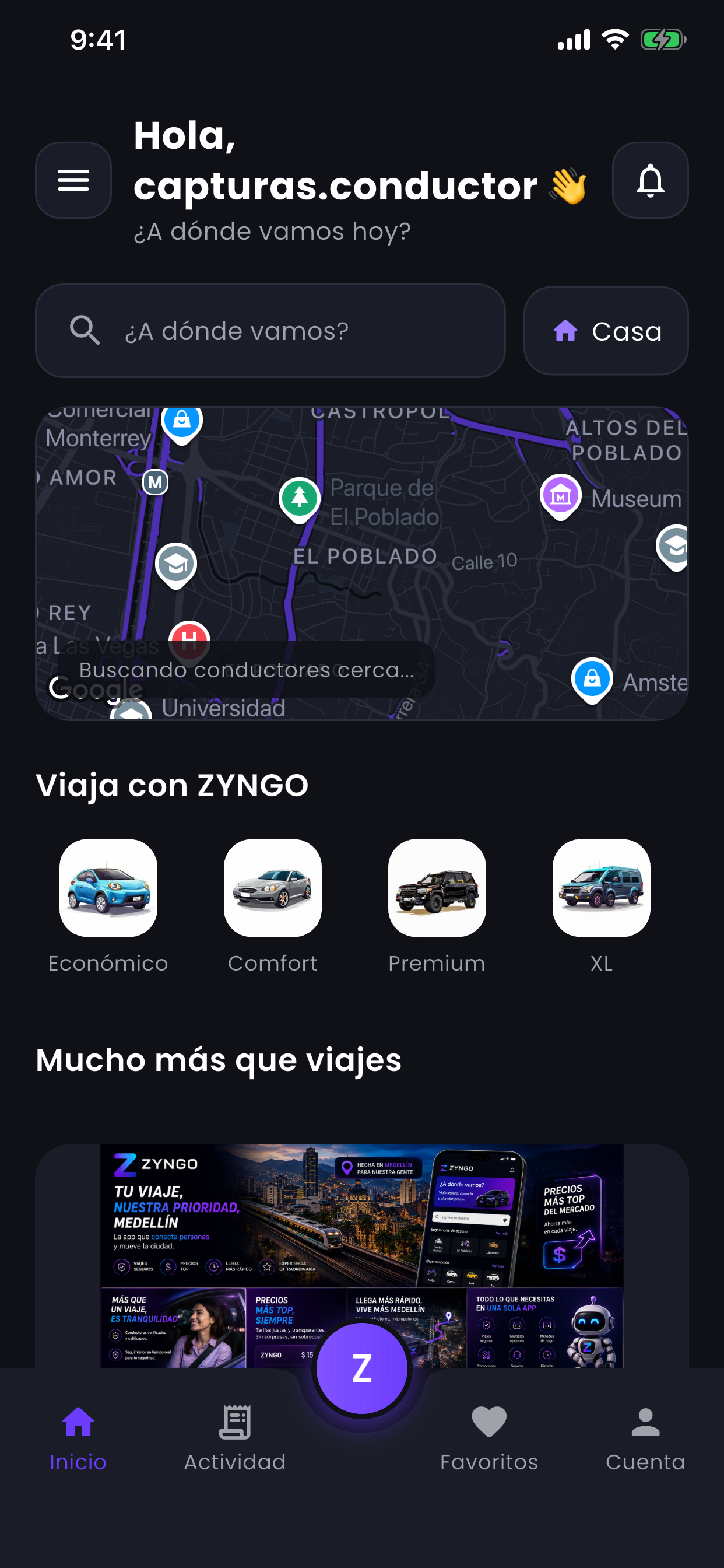 Inicio de la app de pasajero ZYNGO