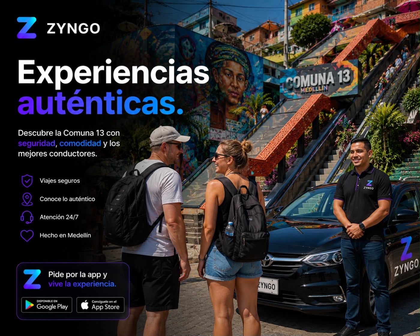 Turistas recorriendo la Comuna 13 con un conductor ZYNGO