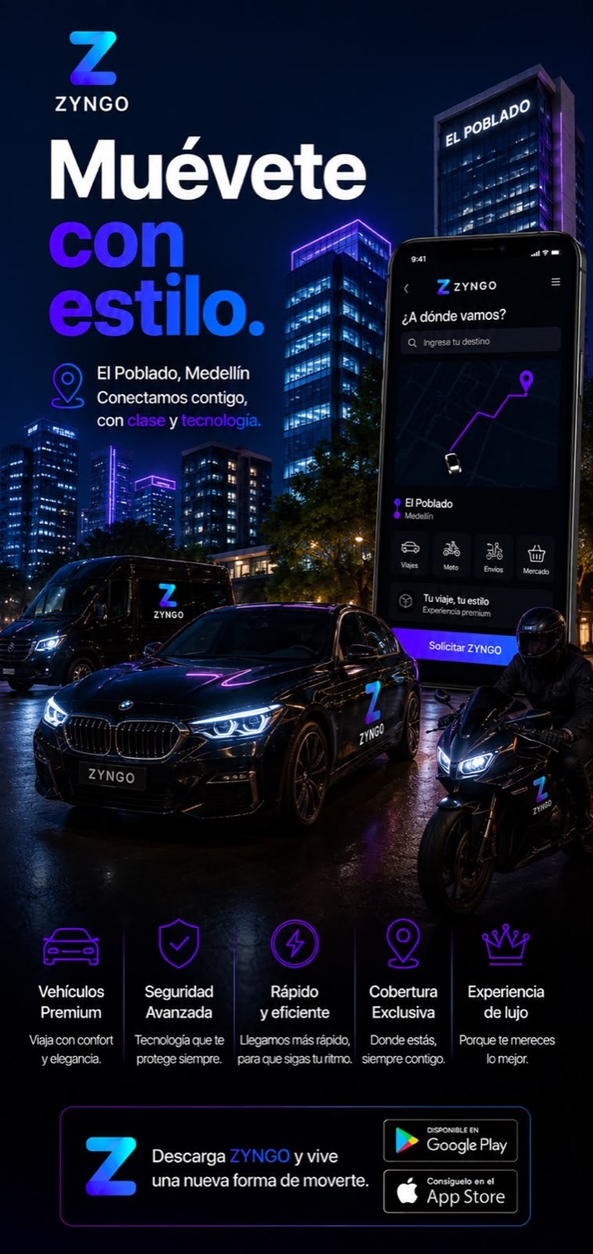 Vehículos ZYNGO en El Poblado, Medellín, de noche